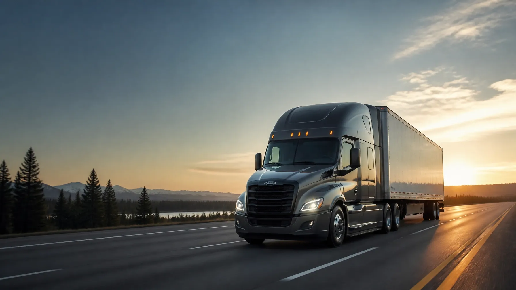Freight truck moving along an open highway at sunrise